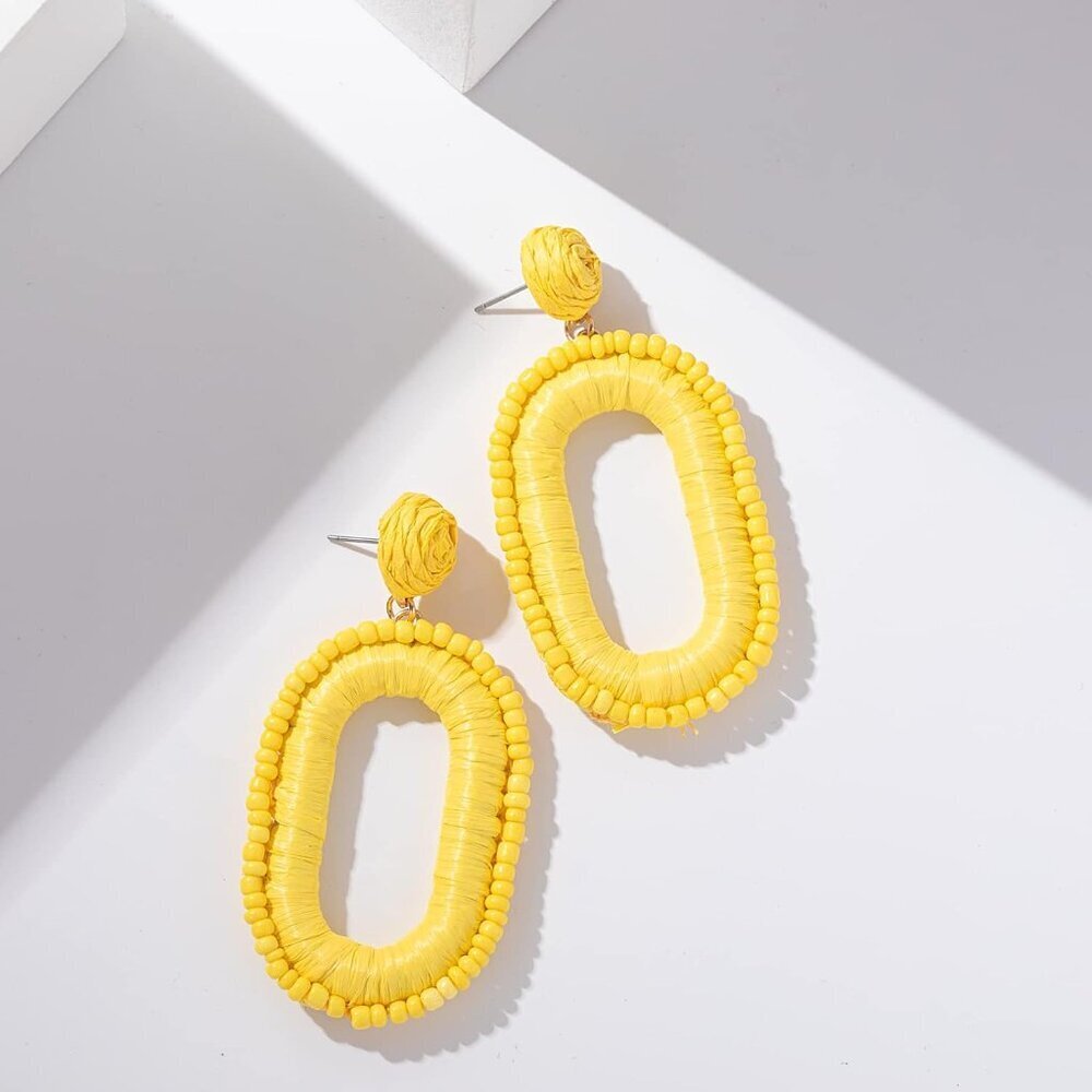 Beaded Raffia Earrings Boho Drop Dangle Summer Ca… - image 3